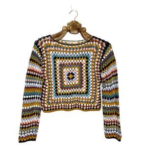 Ghanda Sweater Crochet Knit Granny Square Multicolor Boatneck Crop Small